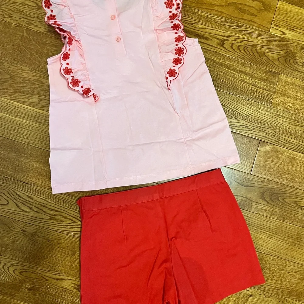 Girls Pink & Red Matching Set - Floral Ruffle Tank & Red Skort